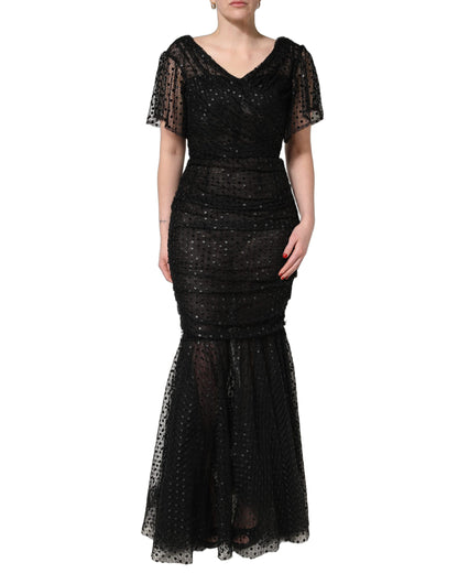 Vestido de noche largo con lentejuelas negras de Dolce & Gabbana, corte sirena