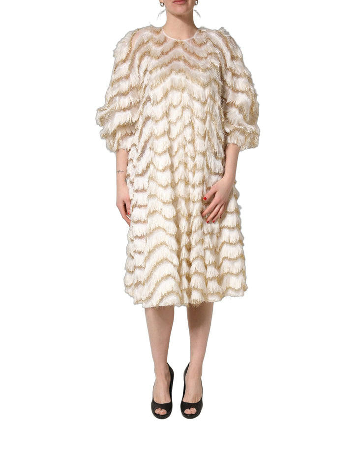 Dolce & Gabbana Ivory Fringe Layered Shift Midi Dress