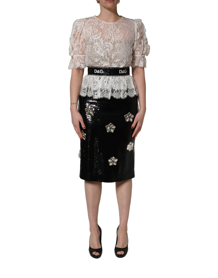 Dolce & Gabbana White Lace Top Embellished Black Skirt Dress