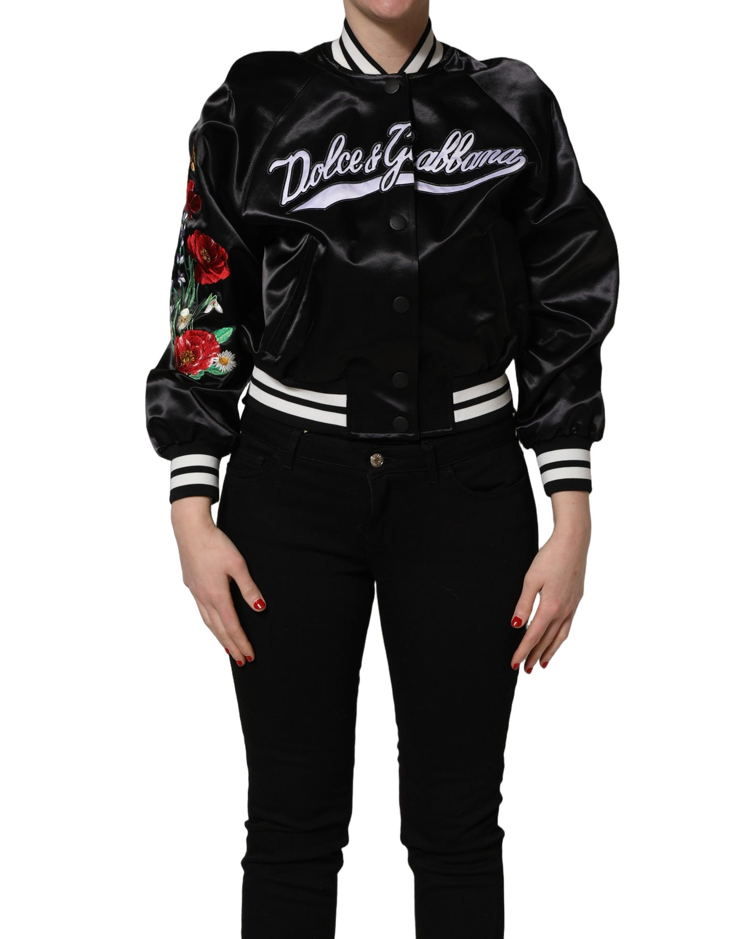 Blouson bombardier en satin noir brodé de fleurs Dolce & Gabbana