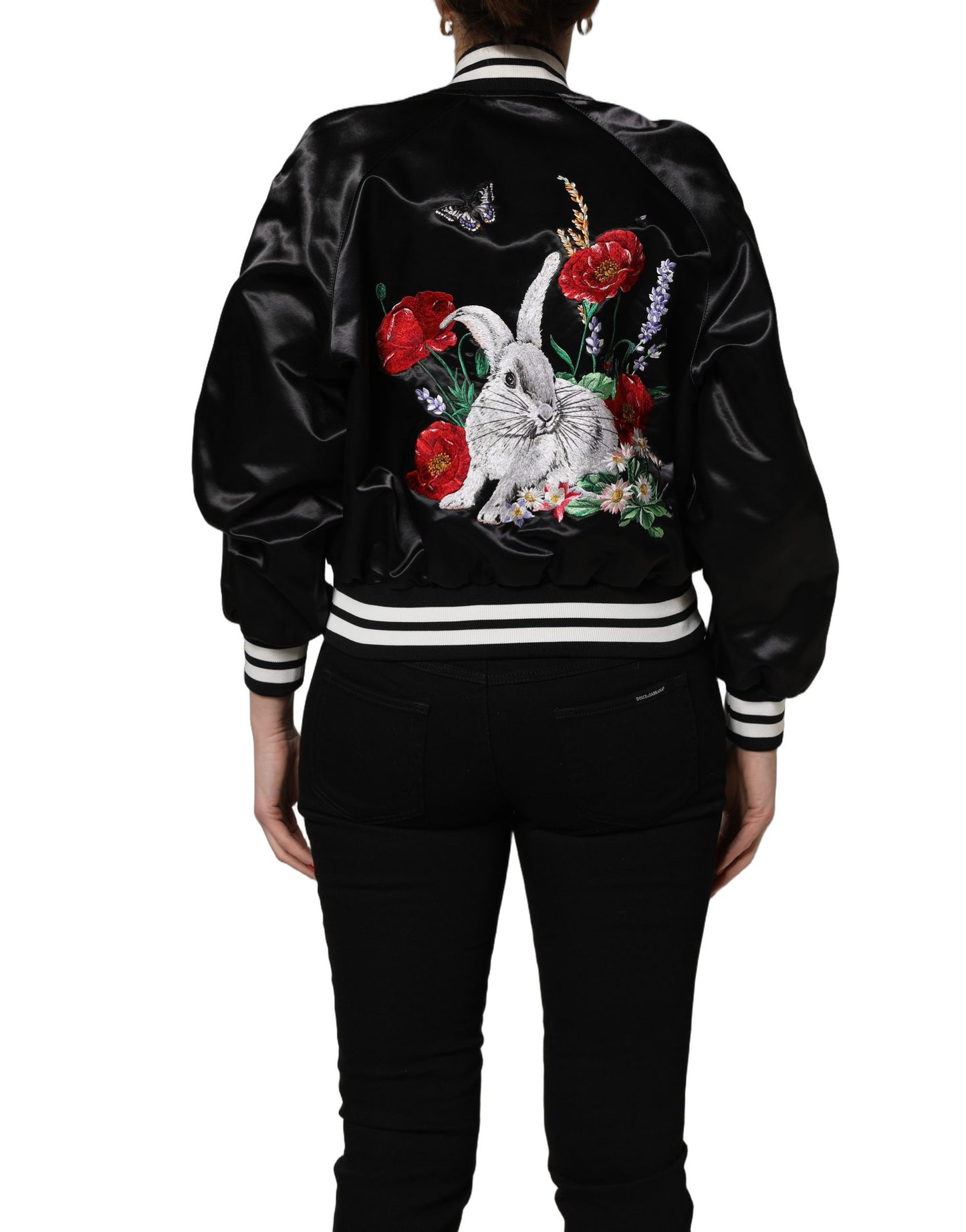 Blouson bombardier en satin noir brodé de fleurs Dolce & Gabbana