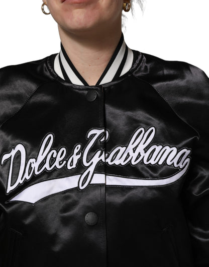 Blouson bombardier en satin noir brodé de fleurs Dolce & Gabbana