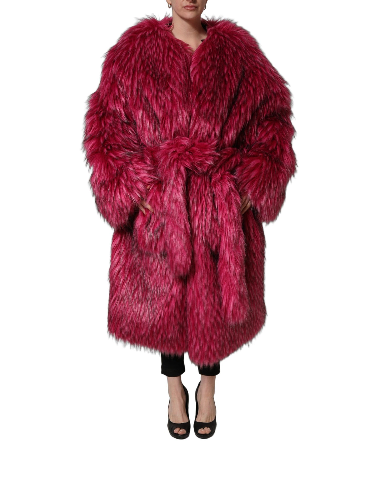 Manteau-trench en fausse fourrure fuchsia avec ceinture Dolce & Gabbana