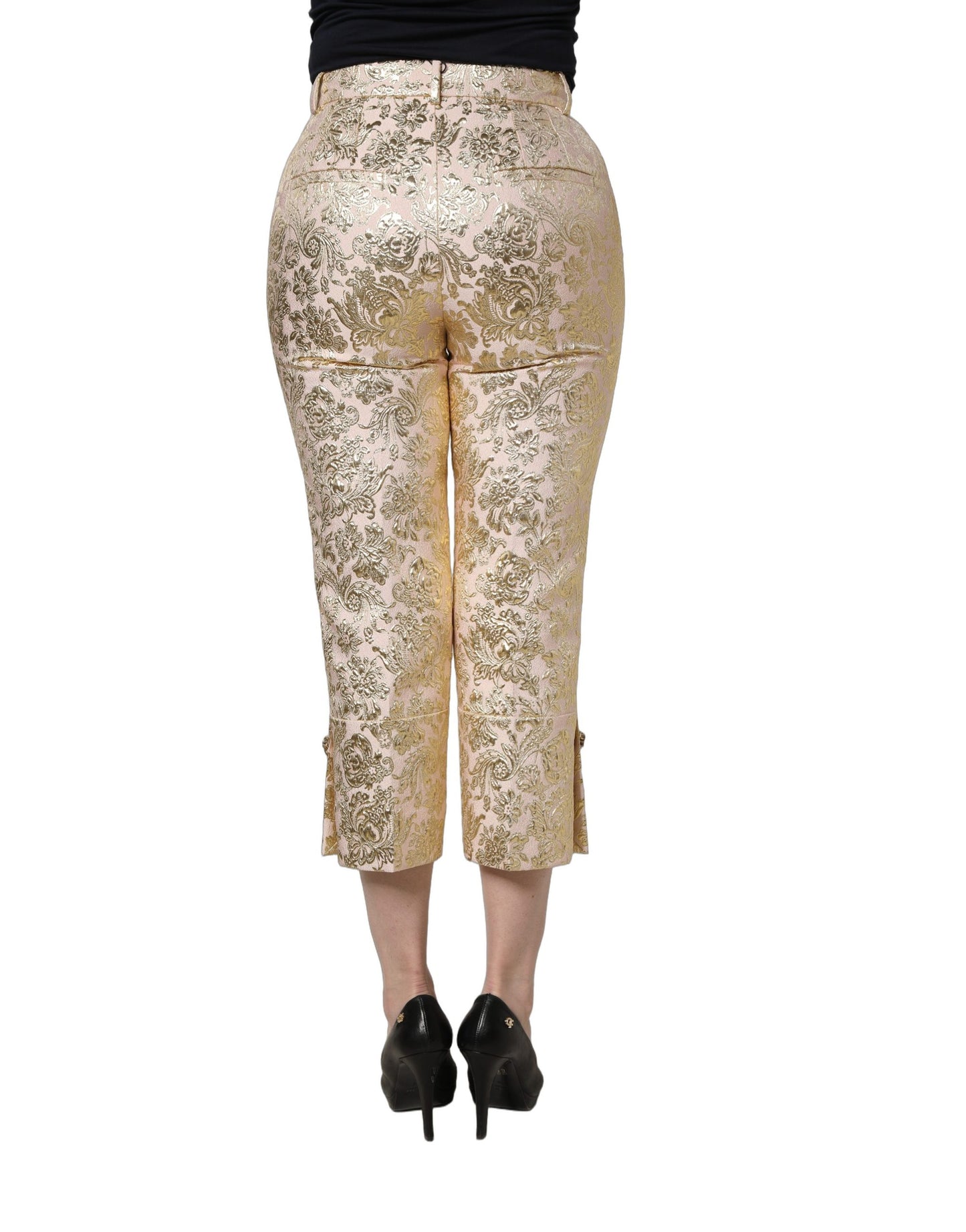 Dolce & Gabbana Gold Jacquard Floral Lamé Crop Trouser Pants