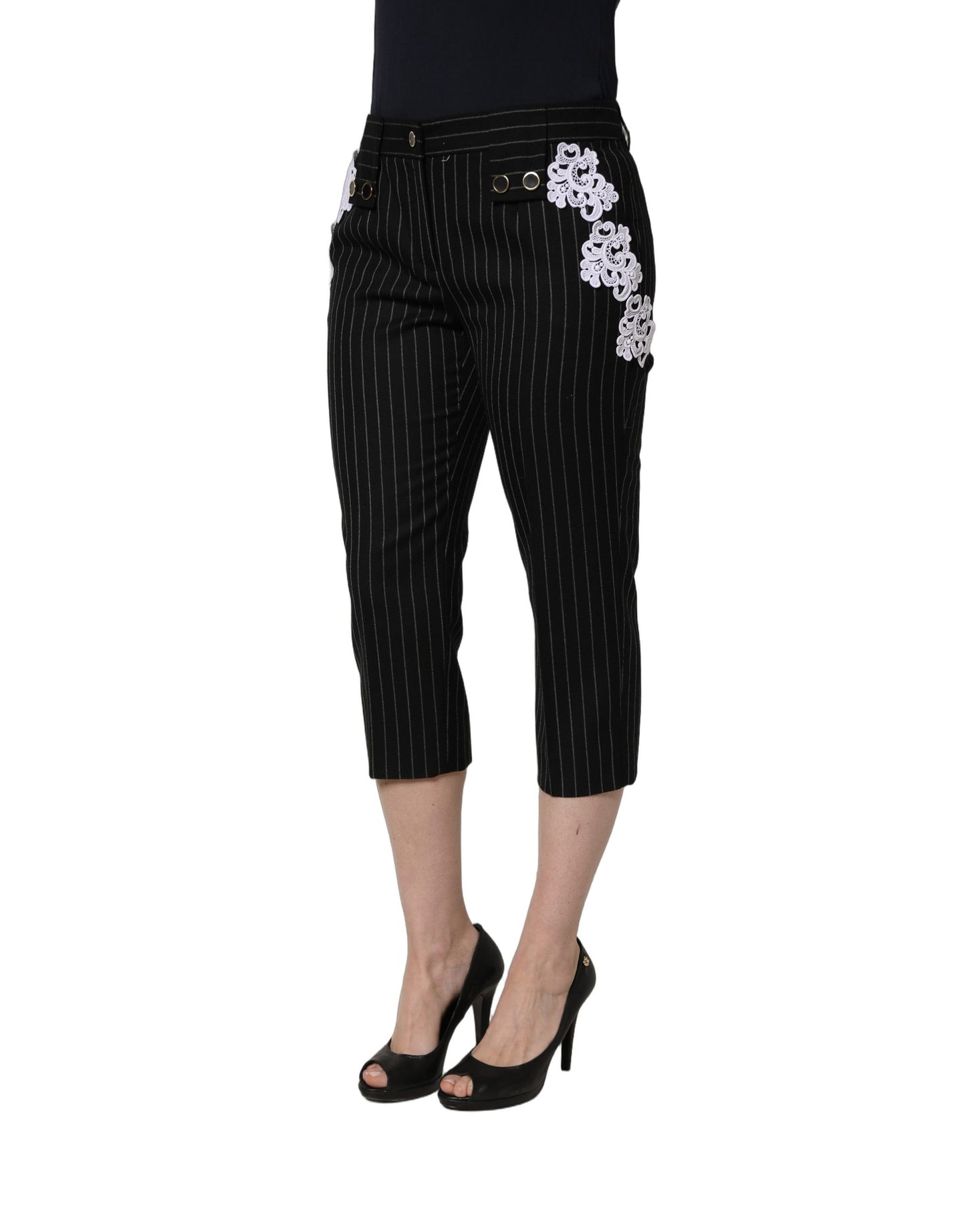 Dolce & Gabbana Black Lace Applique Pinstripe Cropped Pants