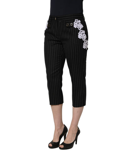 Dolce & Gabbana Black Lace Applique Pinstripe Cropped Pants