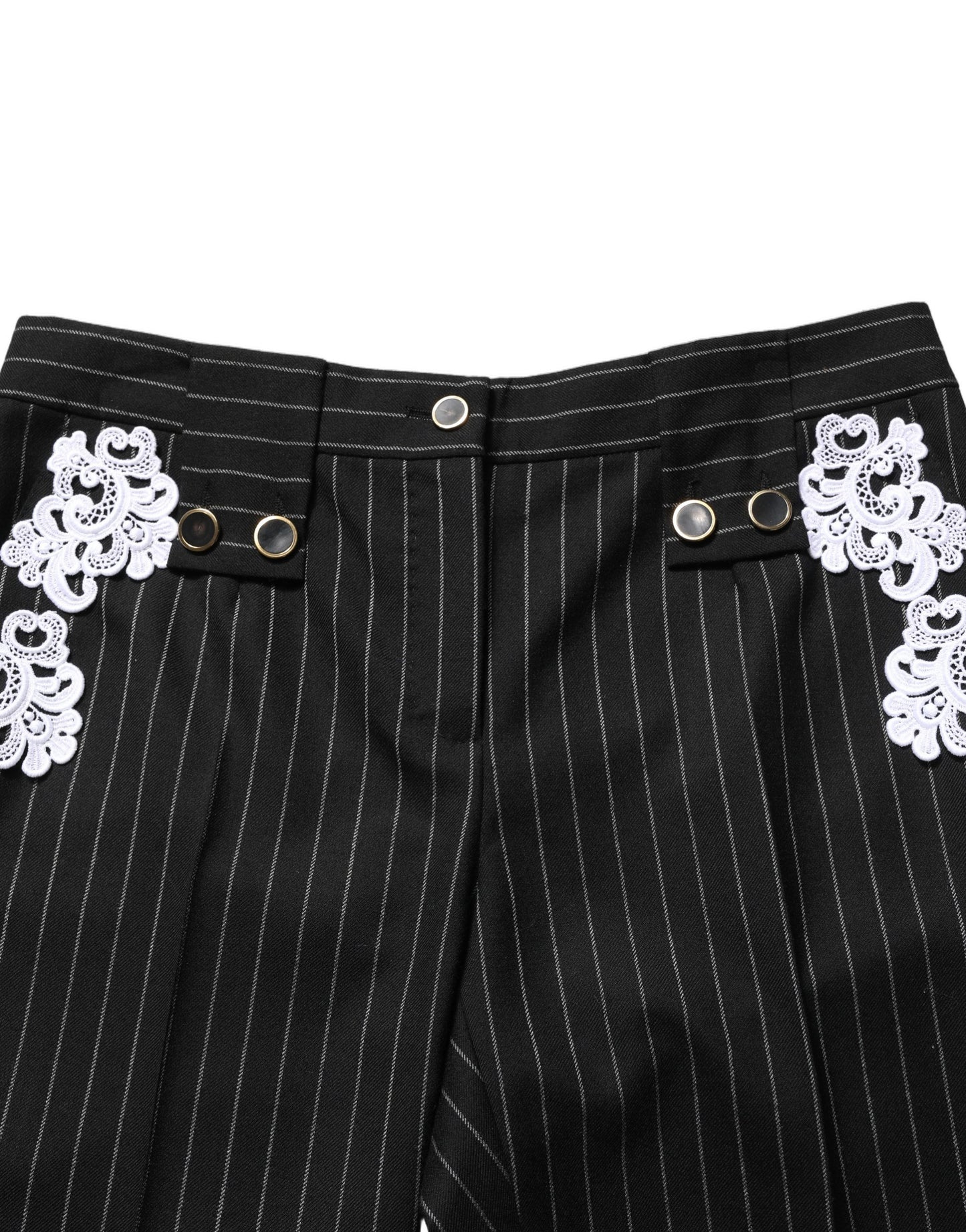 Dolce & Gabbana Black Lace Applique Pinstripe Cropped Pants