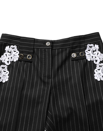 Dolce & Gabbana Black Lace Applique Pinstripe Cropped Pants