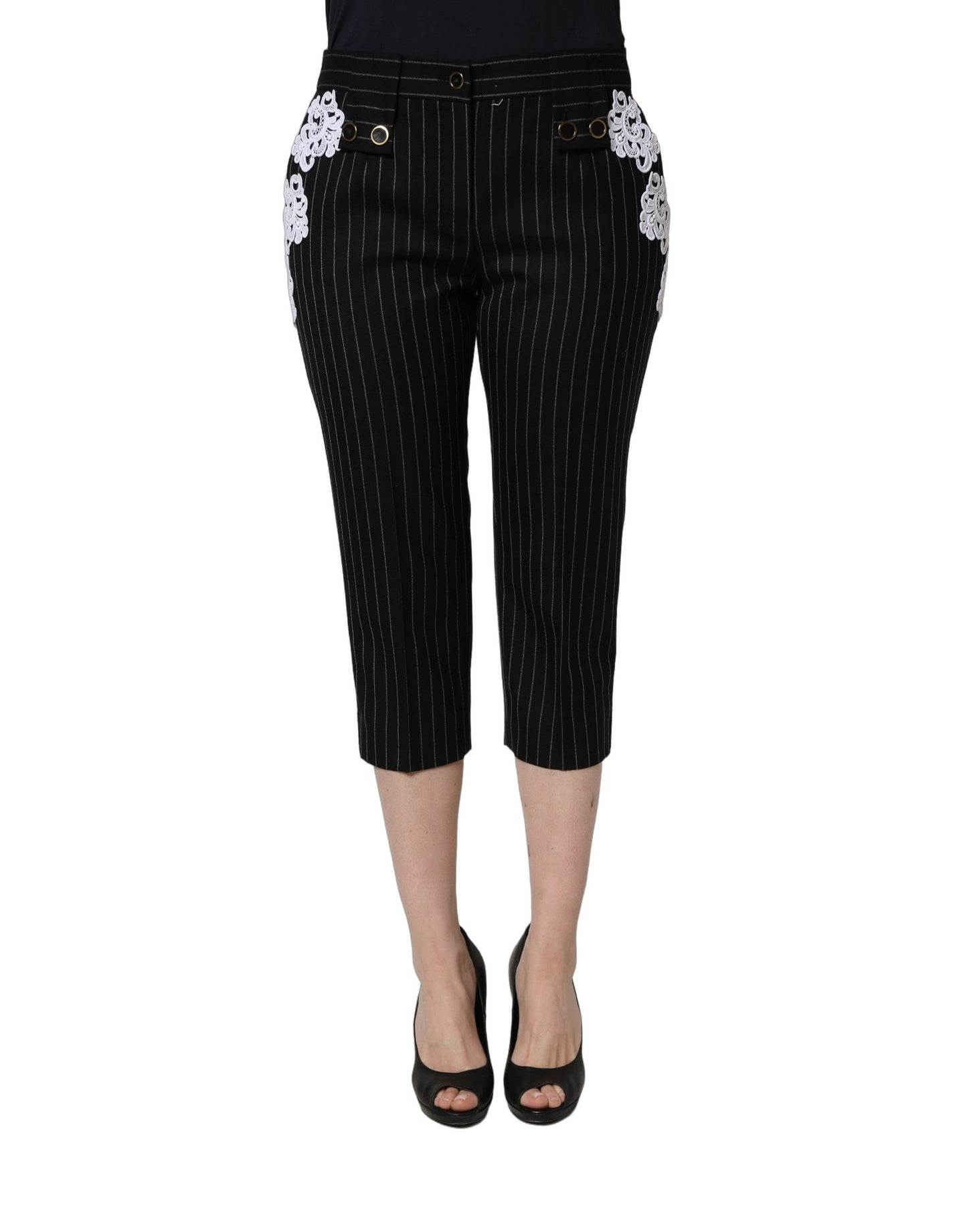 Dolce & Gabbana Black Lace Applique Pinstripe Cropped Pants