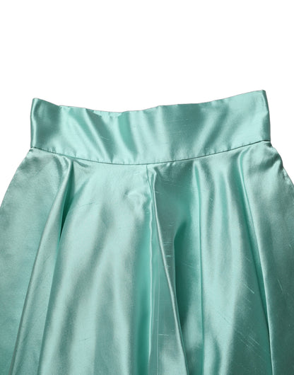 Dolce & Gabbana Green Satin High-Waisted Pleated A-line Midi Skirt