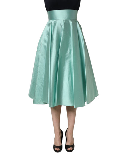 Dolce & Gabbana Green Satin High-Waisted Pleated A-line Midi Skirt