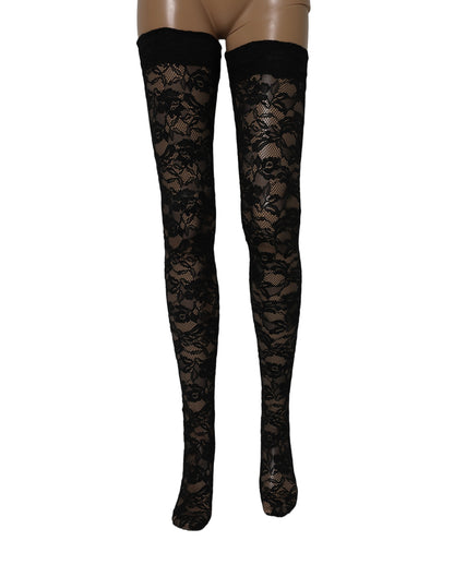 Dolce & Gabbana Black Floral Lace Thigh High Stockings Socks