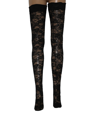 Dolce & Gabbana Black Floral Lace Thigh High Stockings Socks