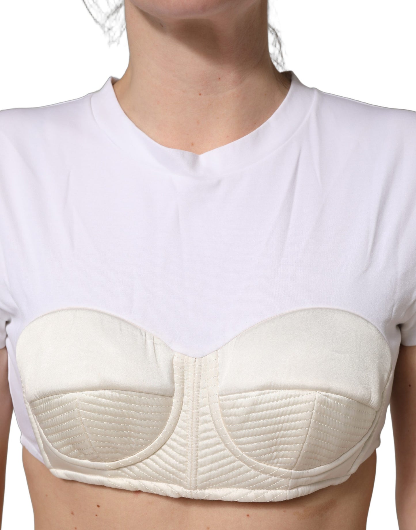 Dolce & Gabbana White Bustier Short Sleeve CrewNeck Cropped Top