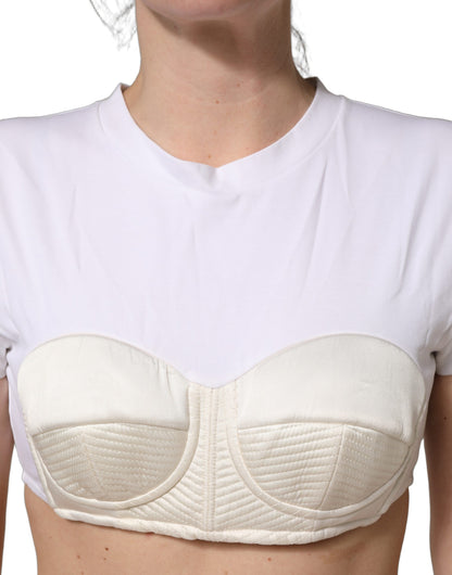 Dolce & Gabbana White Bustier Short Sleeve CrewNeck Cropped Top