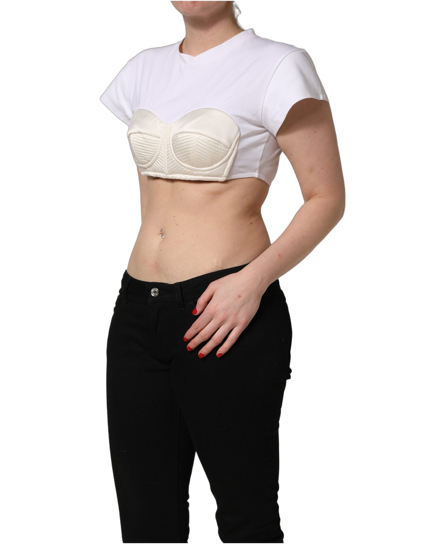 Dolce & Gabbana White Bustier Short Sleeve CrewNeck Cropped Top