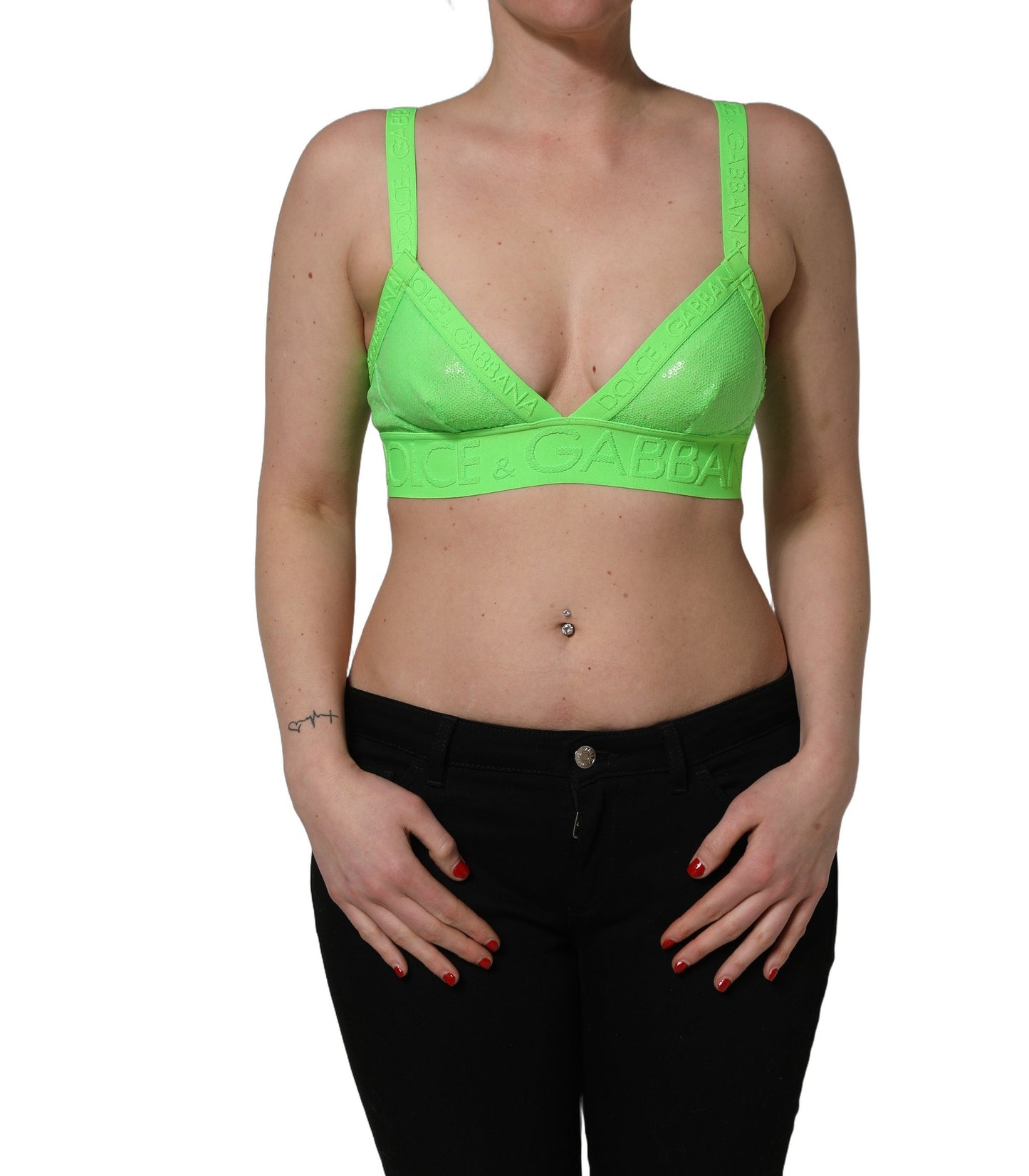 Top corto de bralette con ribete del logo y copa suave en verde neón de Dolce & Gabbana