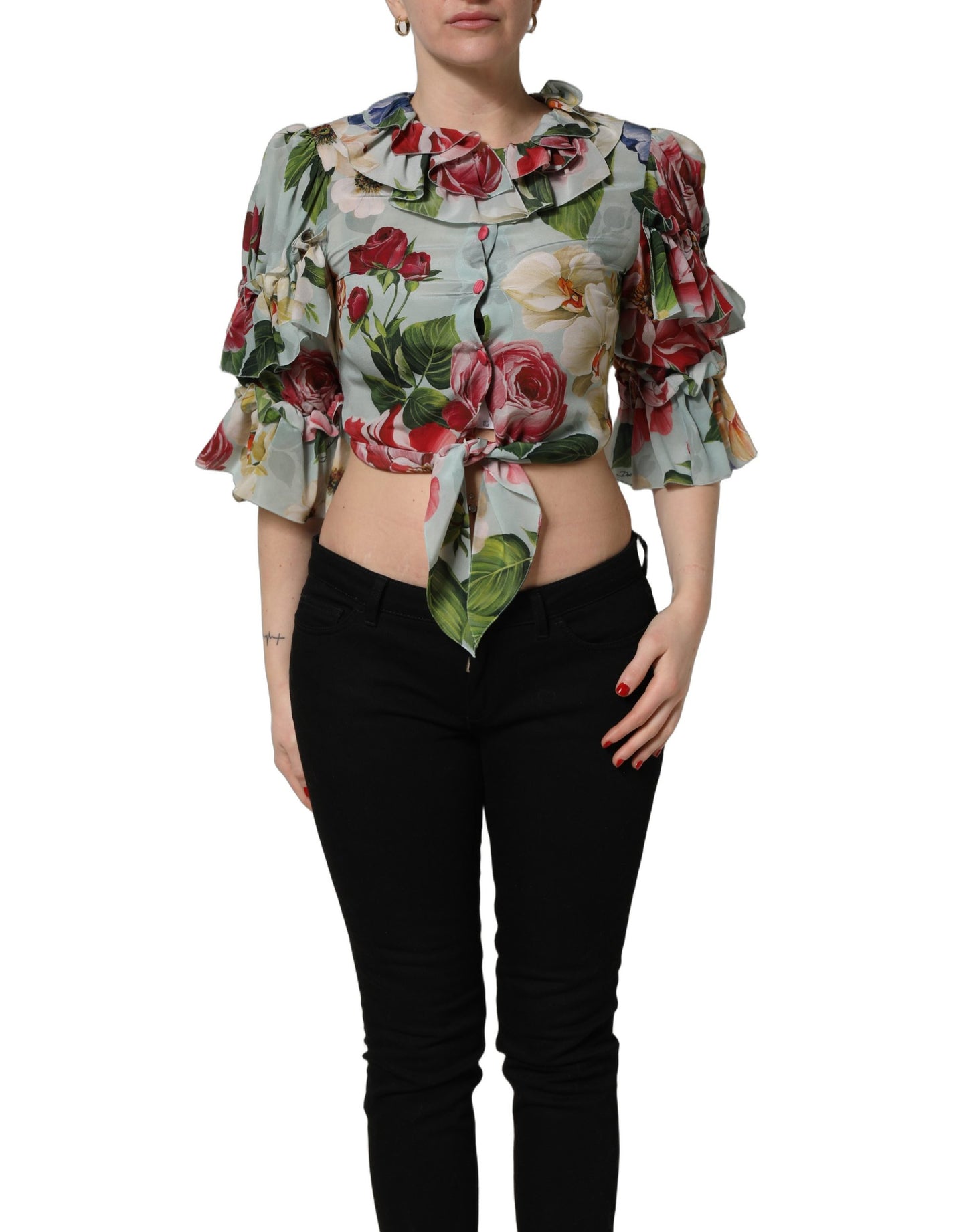 Haut court en soie à imprimé floral multicolore Dolce & Gabbana