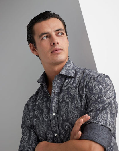Camisa con estampado de algodón gris Brunello Cucinelli