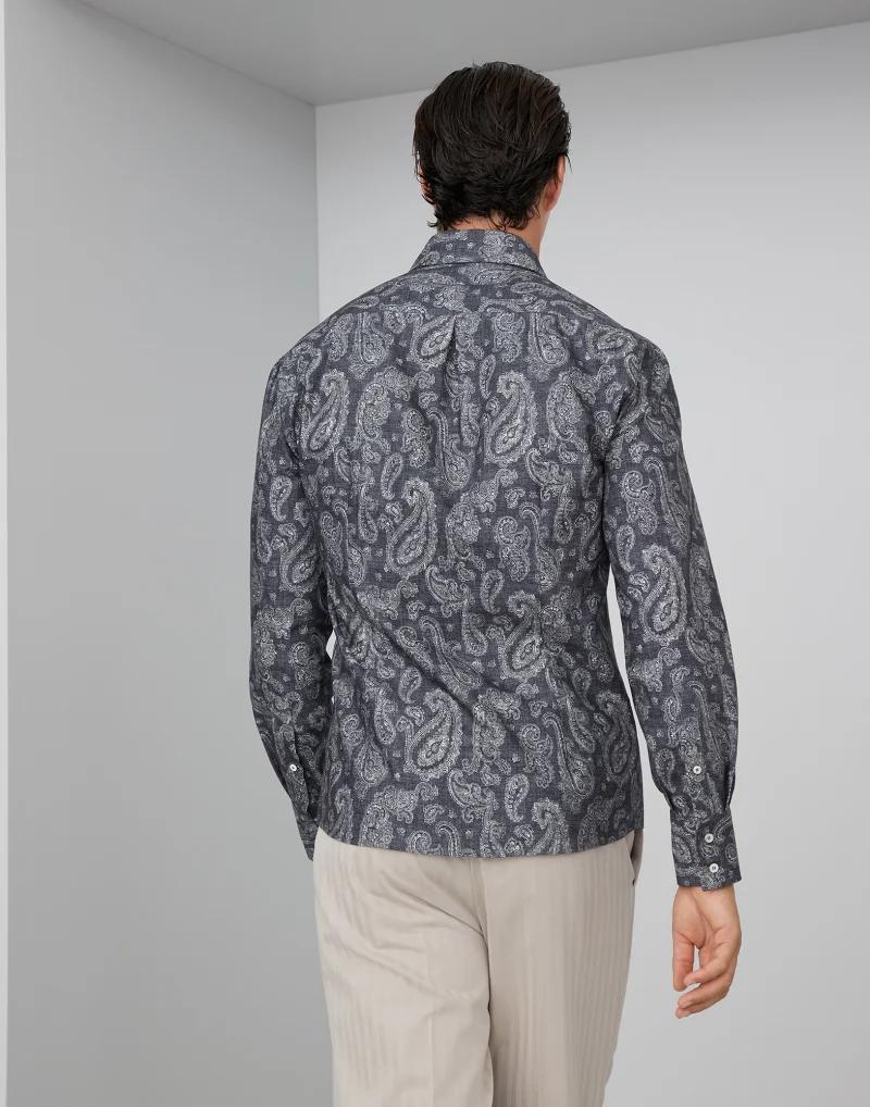 Camisa con estampado de algodón gris Brunello Cucinelli