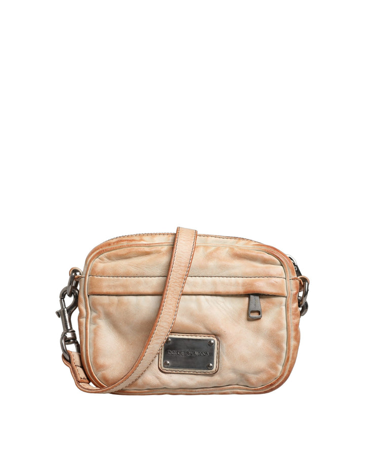 Bolso de hombro de hombre Dolce & Gabbana de cuero vintage beige con placa del logo