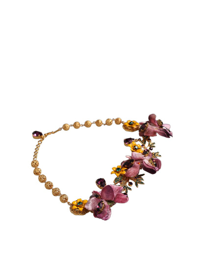 Collier Dolce & Gabbana en chaîne avec fleurs Fiori en laiton doré et cristaux