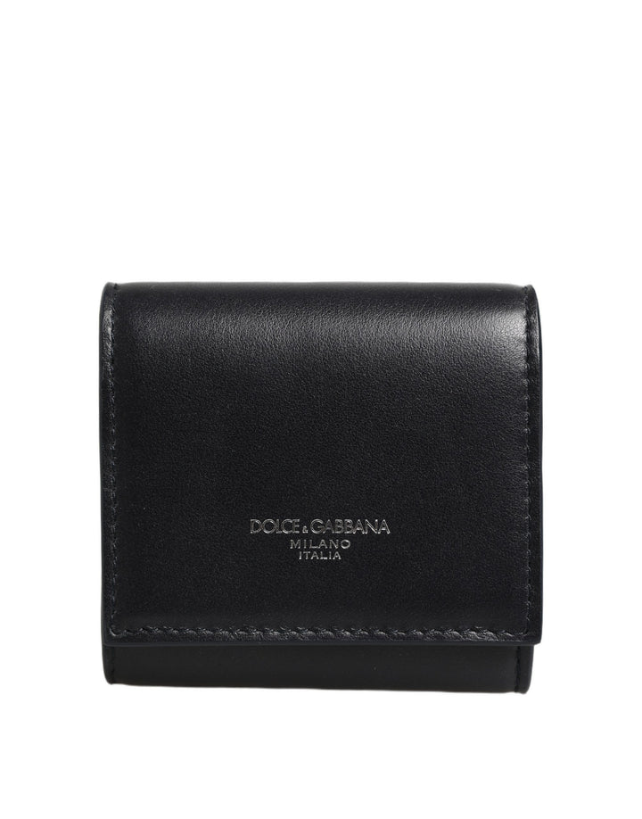Portefeuille bifold à monnaie en cuir de veau noir imprimé logo Dolce & Gabbana