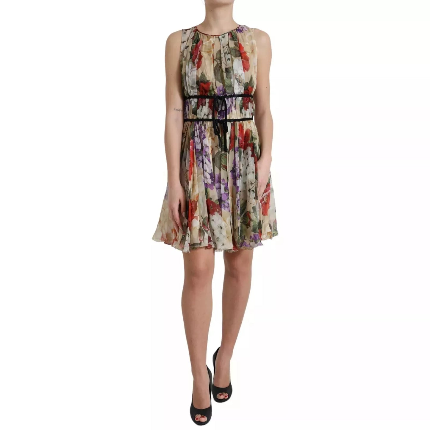 Robe trapèze courte sans manches Dolce & Gabbana beige à motif floral