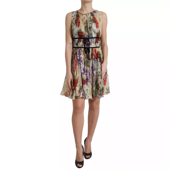 Minivestido evasé sin mangas con estampado floral en beige de Dolce & Gabbana