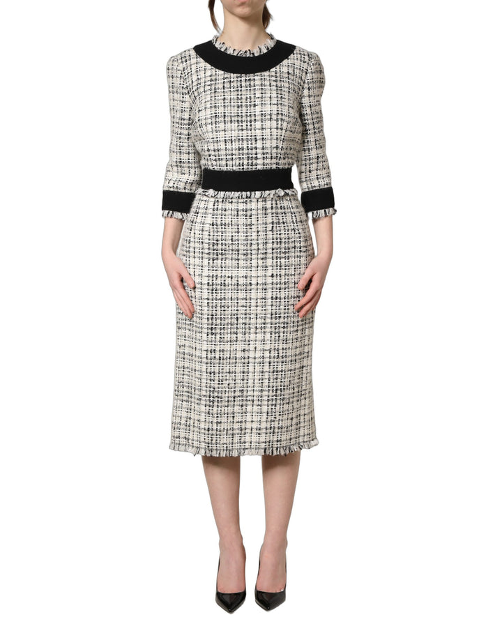 Vestido midi de tweed blanco y negro con silueta A de Dolce & Gabbana