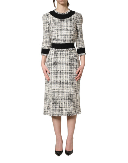 Robe midi fourreau évasée en tweed noir et blanc Dolce & Gabbana