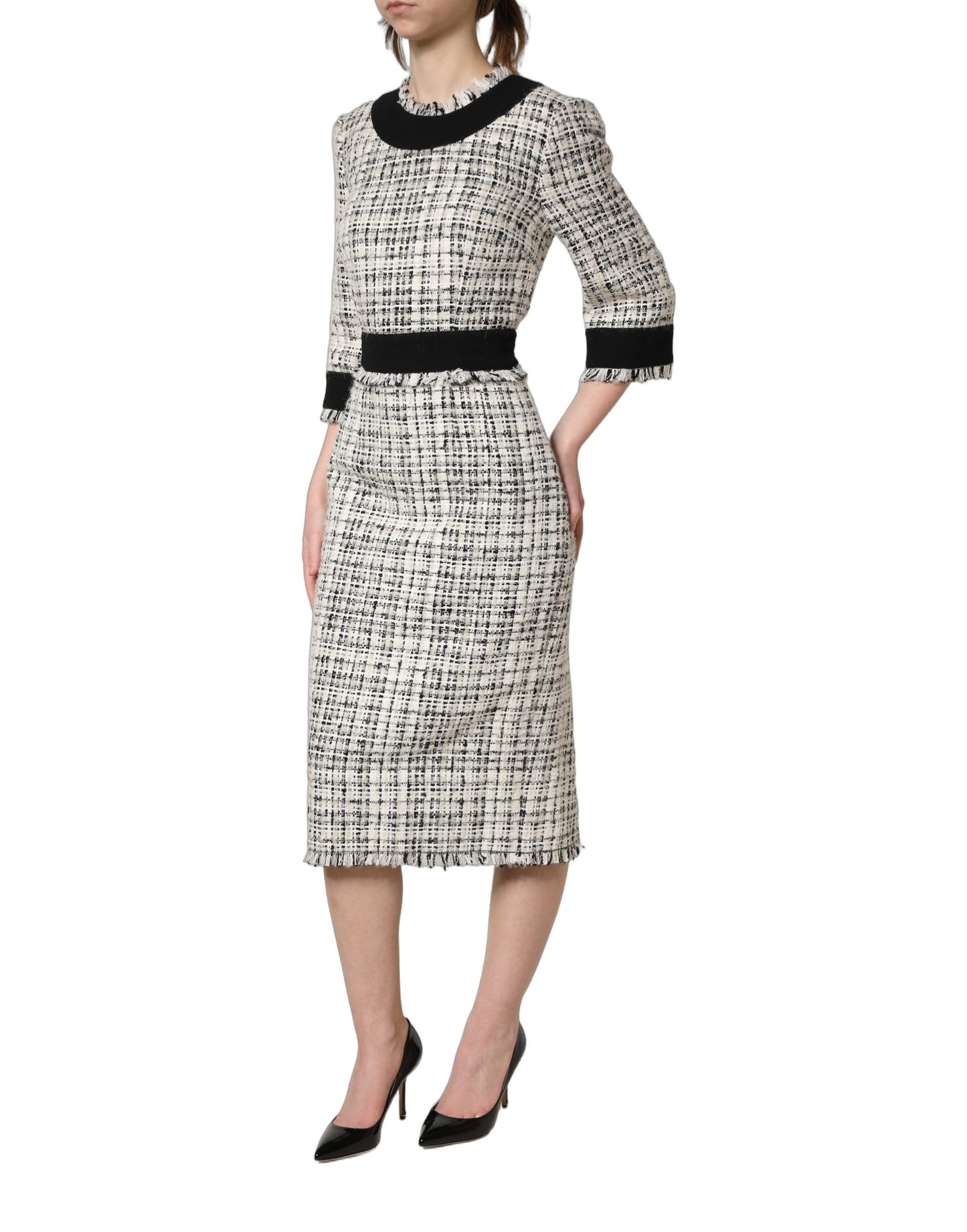 Robe midi fourreau évasée en tweed noir et blanc Dolce & Gabbana