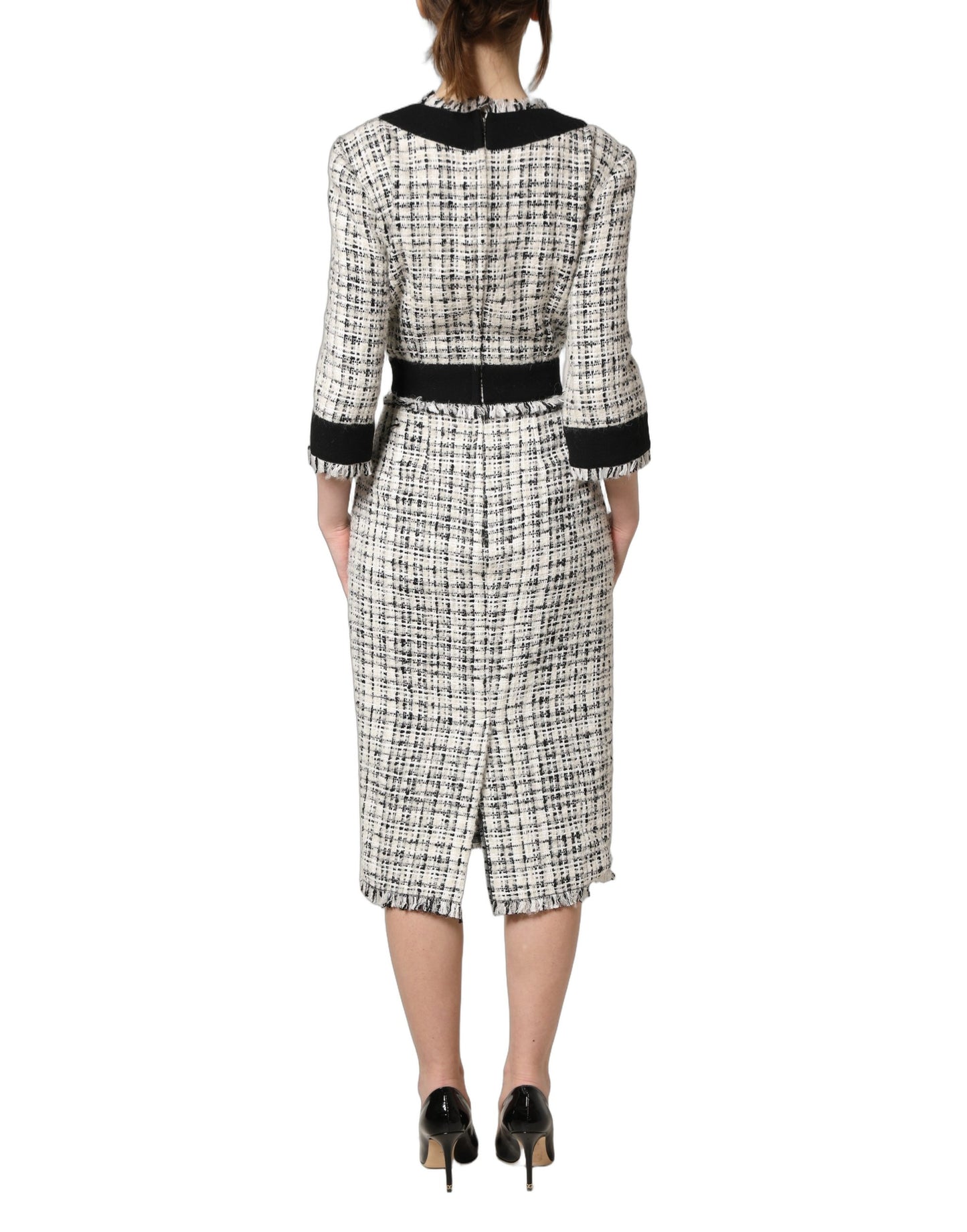 Robe midi fourreau évasée en tweed noir et blanc Dolce & Gabbana