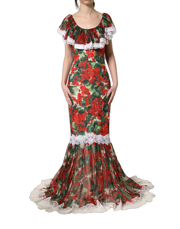 Vestido Maxi de Encaje con Flores de Geranio Multicolor Dolce & Gabbana