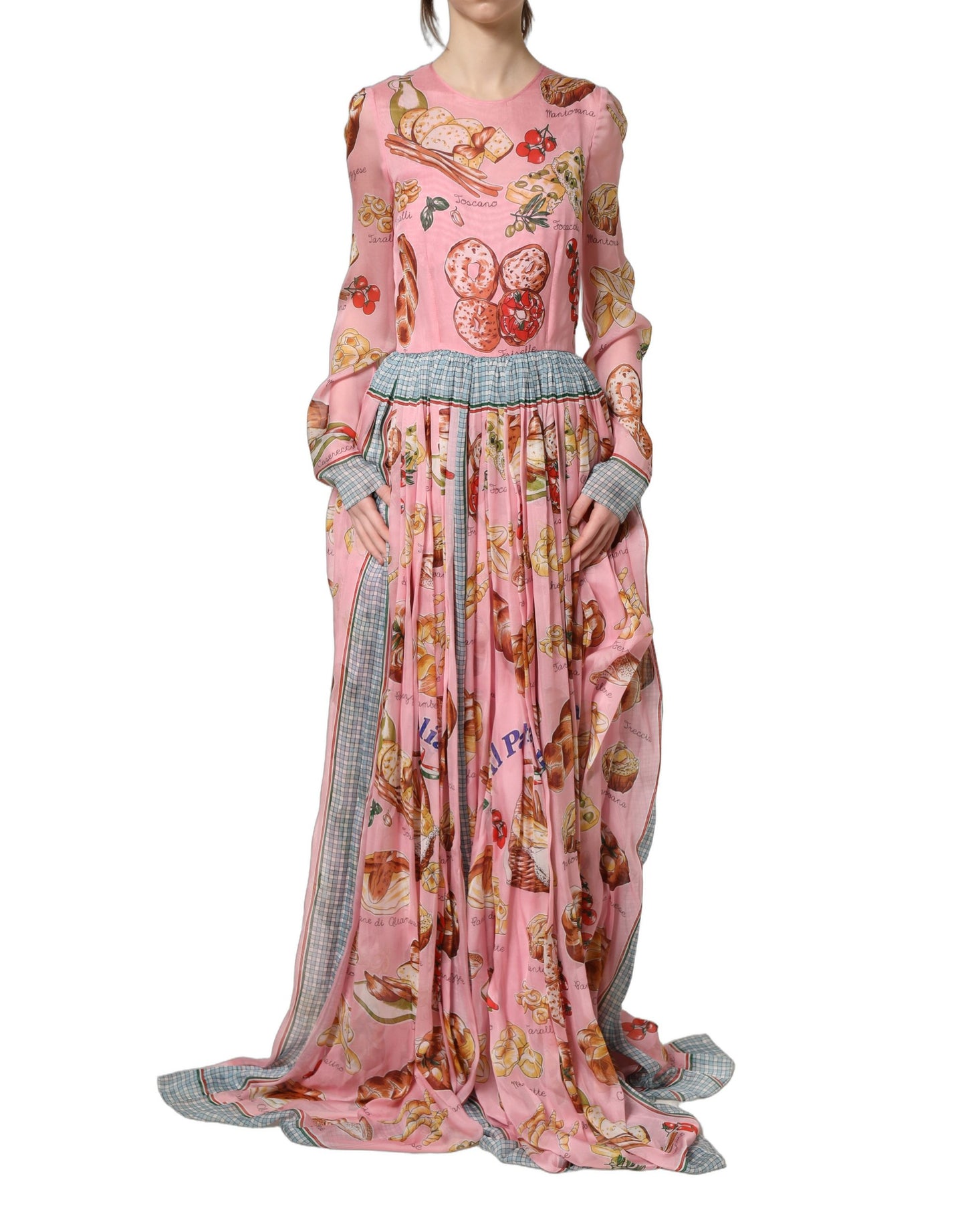 Robe longue plissée rose clair à imprimé pain Dolce & Gabbana