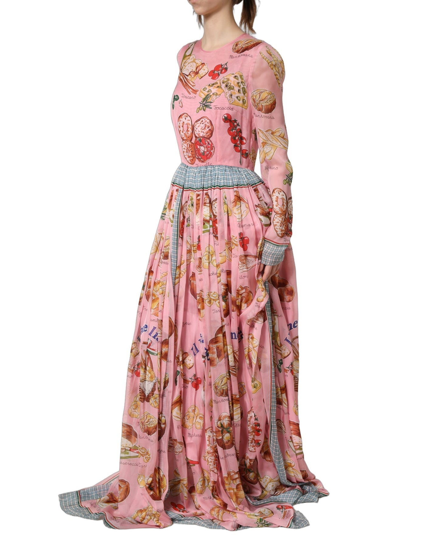 Robe longue plissée rose clair à imprimé pain Dolce & Gabbana