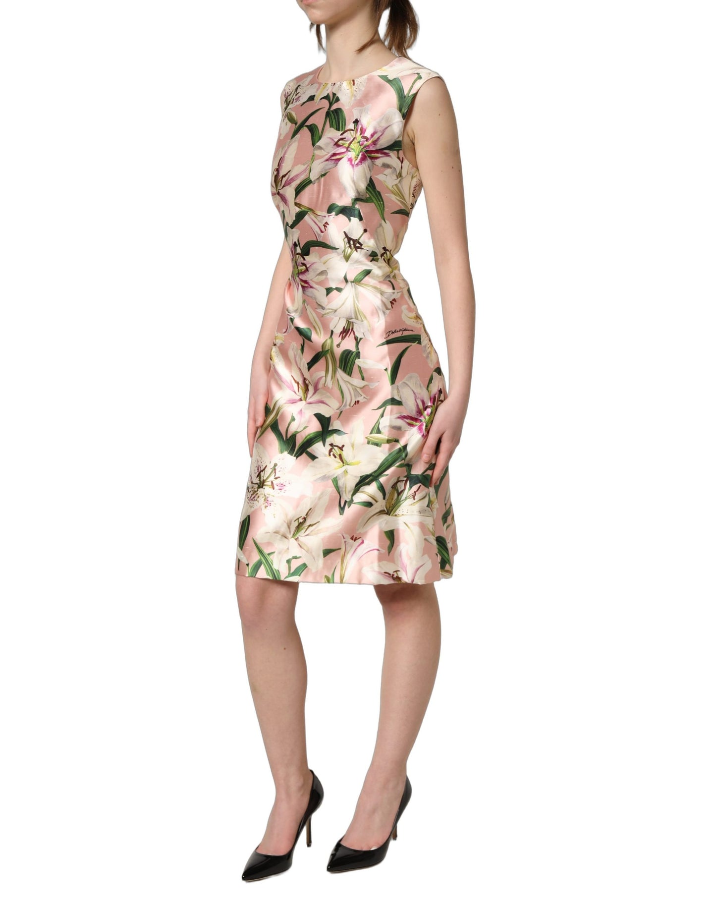 Robe fourreau sans manches à imprimé lys rose clair Dolce & Gabbana