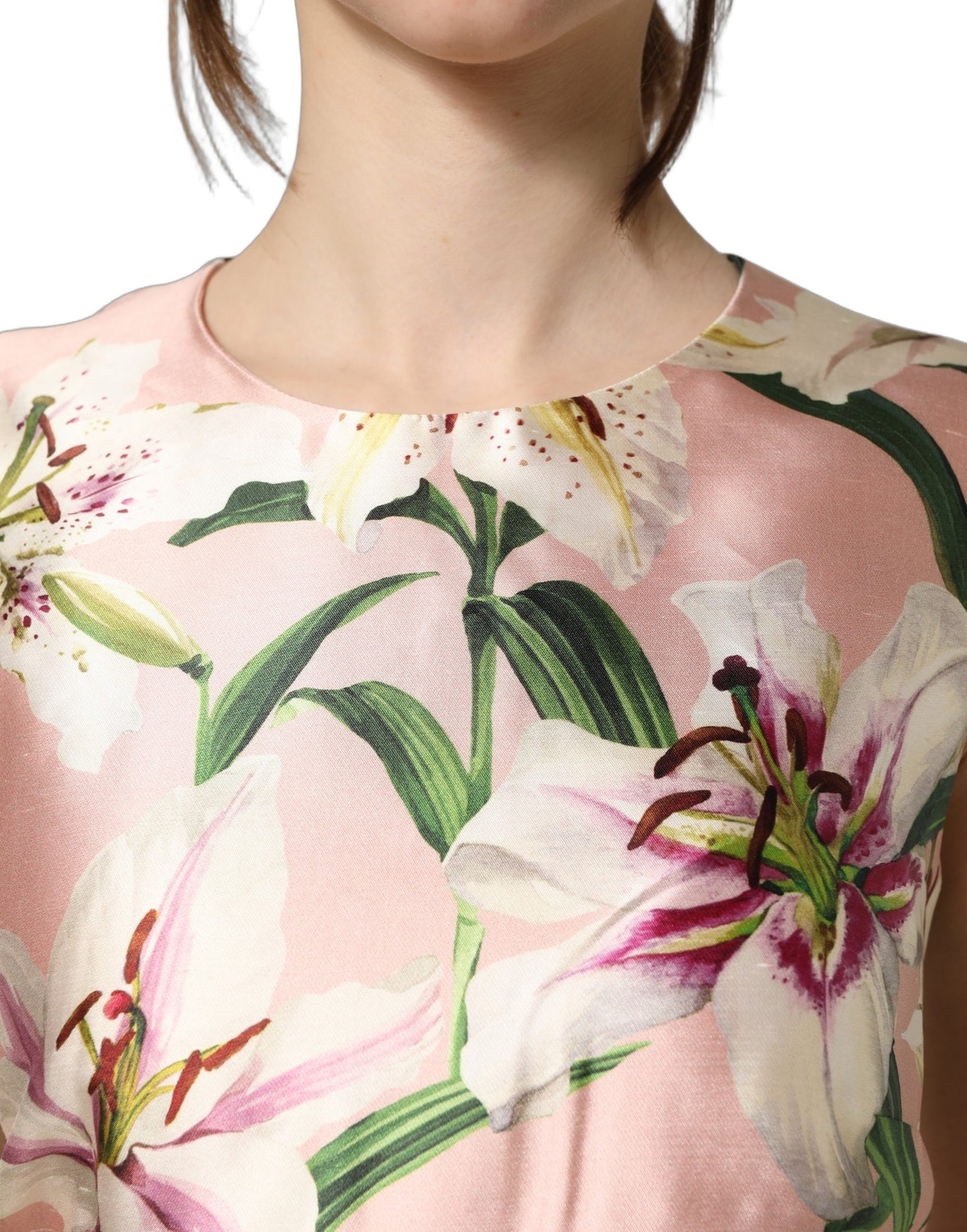 Robe fourreau sans manches à imprimé lys rose clair Dolce & Gabbana