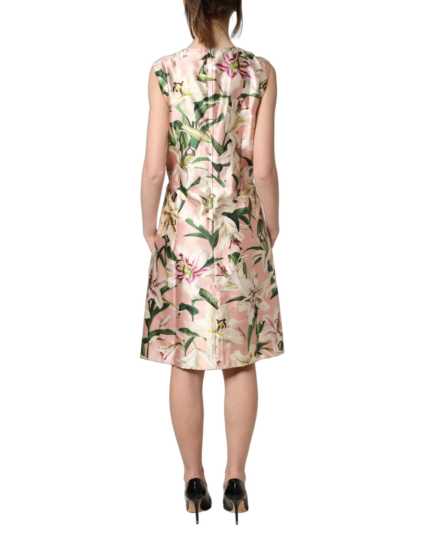 Robe fourreau sans manches à imprimé lys rose clair Dolce & Gabbana