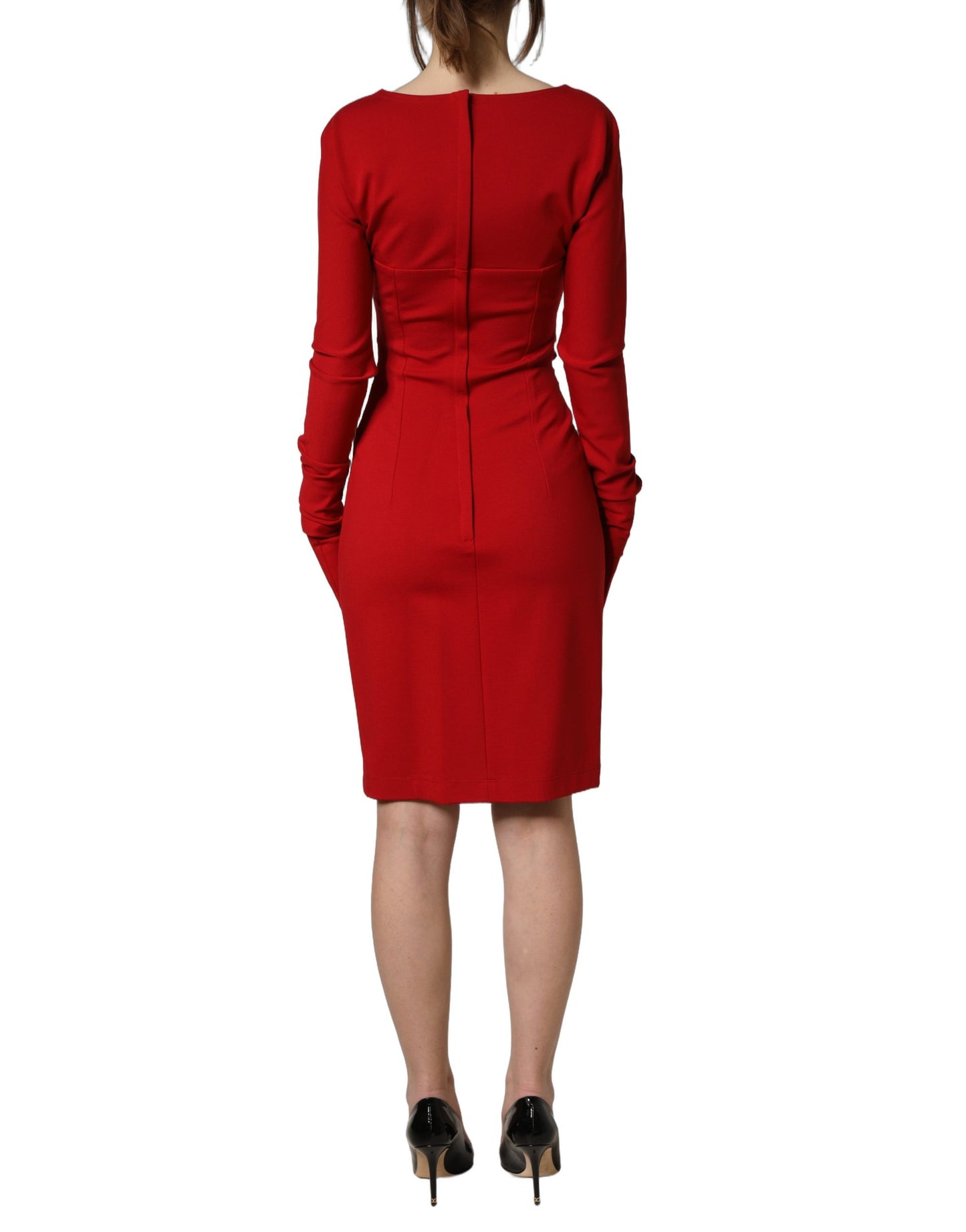 Vestido tipo guante Dolce & Gabbana rojo ceñido con recortes, mangas largas y silueta de vaina