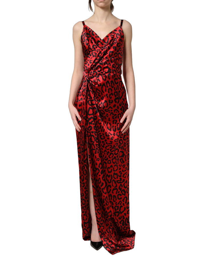 Vestido maxi sin mangas Dolce & Gabbana con estampado de leopardo rojo y drapeado