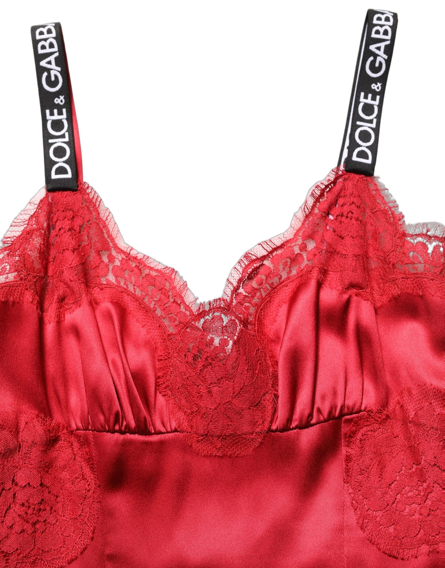 Vestido maxi largo sin mangas de seda roja con ribete de encaje Dolce & Gabbana