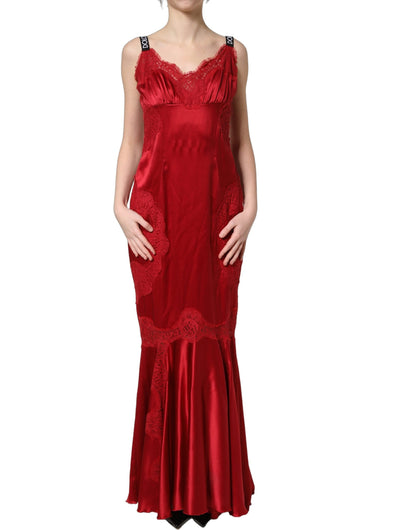 Vestido maxi largo sin mangas de seda roja con ribete de encaje Dolce & Gabbana