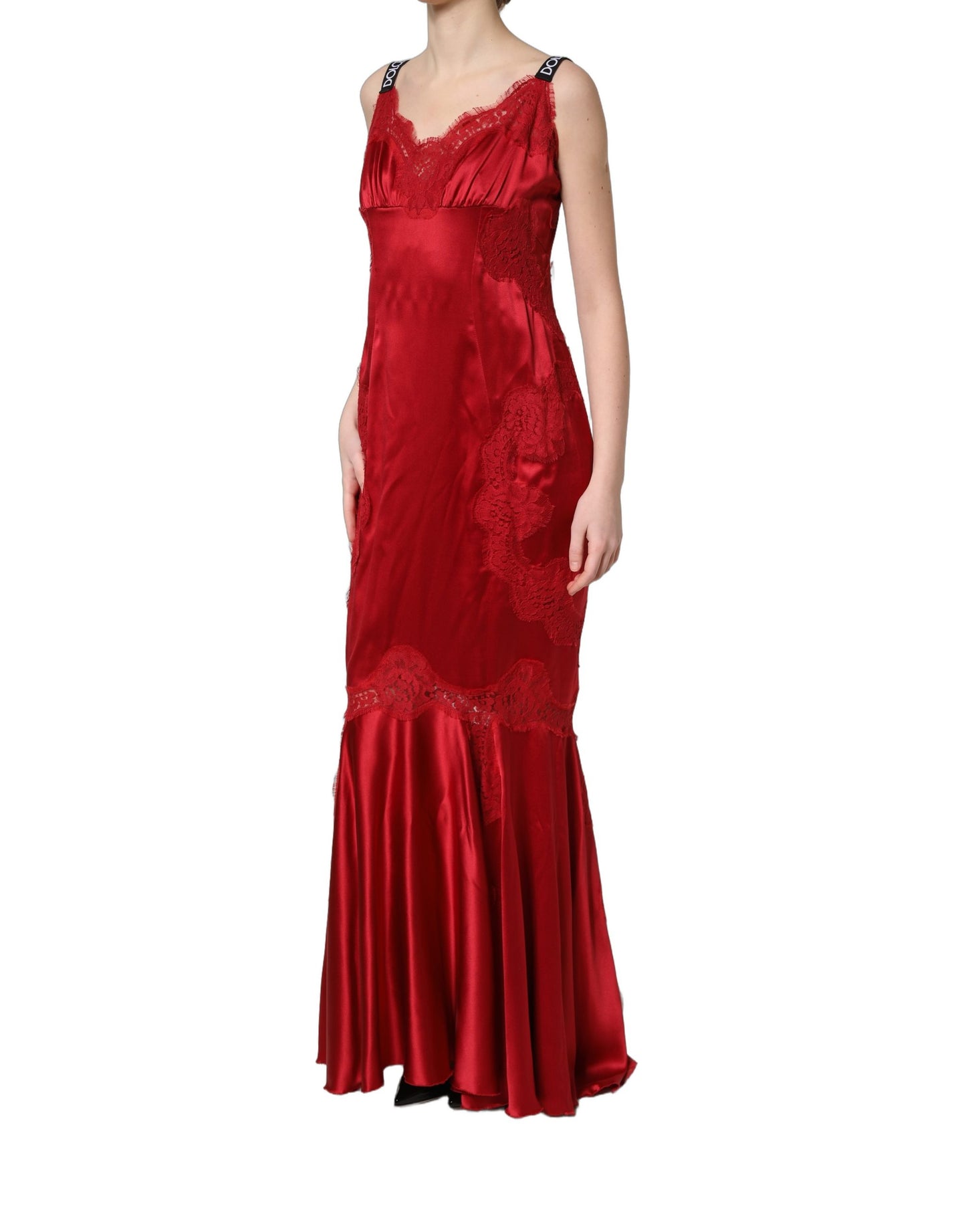 Vestido maxi largo sin mangas de seda roja con ribete de encaje Dolce & Gabbana