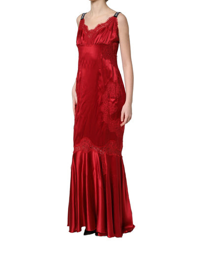 Vestido maxi largo sin mangas de seda roja con ribete de encaje Dolce & Gabbana