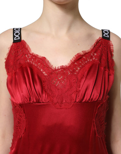 Vestido maxi largo sin mangas de seda roja con ribete de encaje Dolce & Gabbana