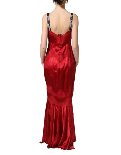 Vestido maxi largo sin mangas de seda roja con ribete de encaje Dolce & Gabbana