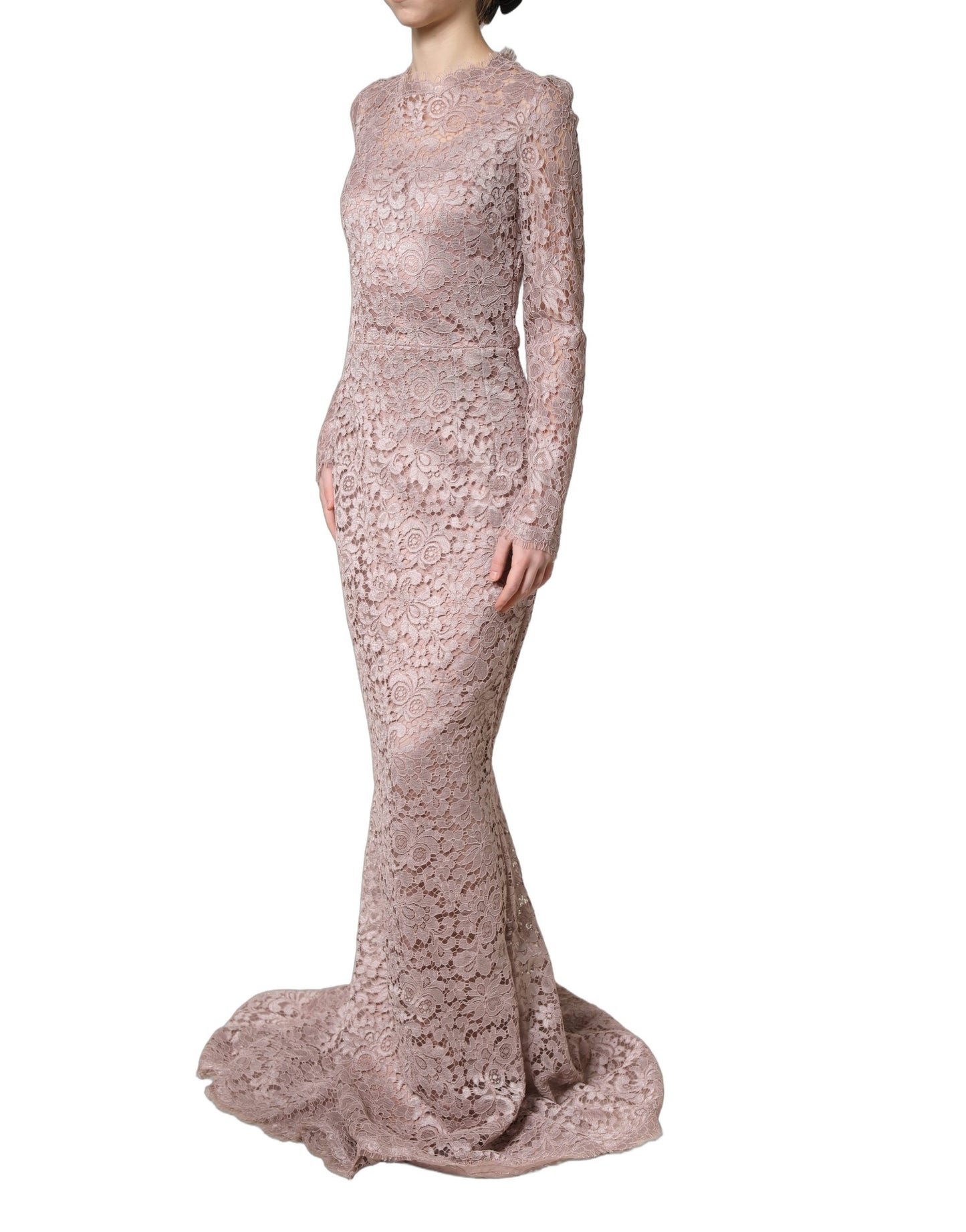 Robe de soirée longue Dolce & Gabbana en dentelle rose à manches longues