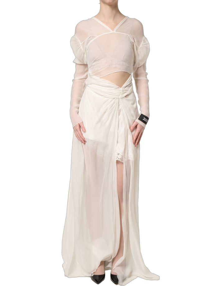 Vestido largo de noche de seda blanca transparente con drapeado de Dolce & Gabbana