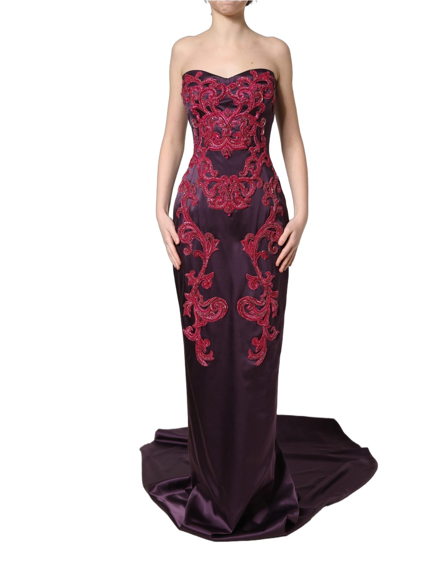Vestido de Noche Largo Dolce & Gabbana de Seda Morada sin Tirantes con Cristales